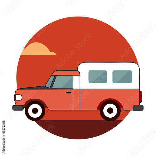 Pickup Camper in Field on Retro Vintage Background Vector Illustration

