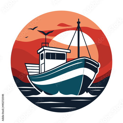 Fishing Boat on Retro Vintage Background – Nautical Vector Art for Marine and Coastal Themes

