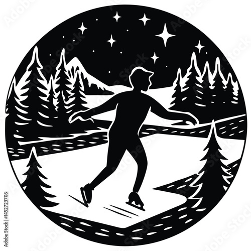 Silhouette Ice Skating Scene: Winter Night Landscape with Trees and Stars Art