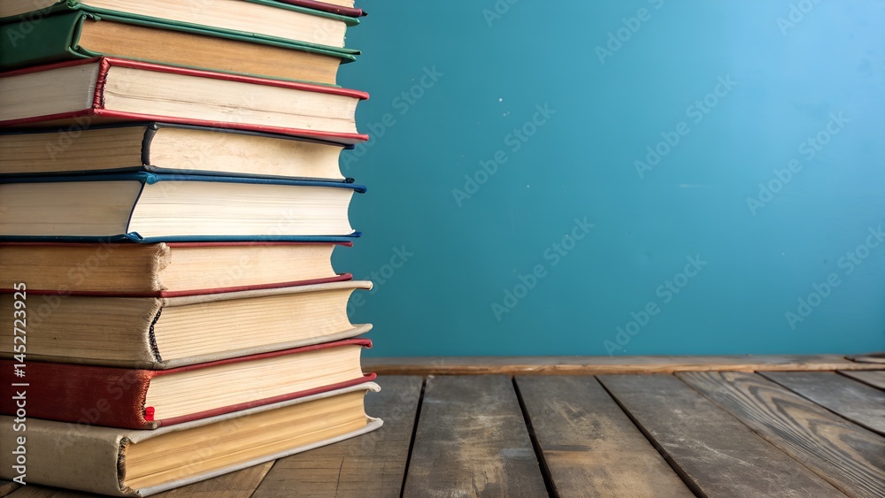 Fototapeta premium A tall stack of books with various colored covers, placed on a wooden surface against a solid blue background.