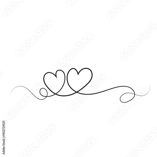 Two Hearts. Two hand drawn hearts drawing sketch. Continuous line art. Vector illustration