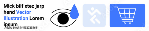 Eye with teardrop suggesting emotion, a runner icon for activity or motion, and a shopping cart symbol for e-commerce. Ideal for wellness, fitness, retail, emotion, movement, technology simple
