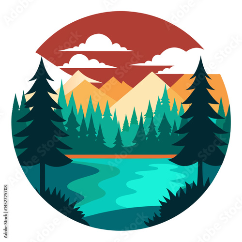Lake in the Forest on Retro Vintage Background – Nature Landscape SVG Design


