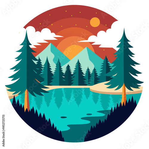 Lake in the Forest on Retro Vintage Background – Nature Landscape SVG Design

