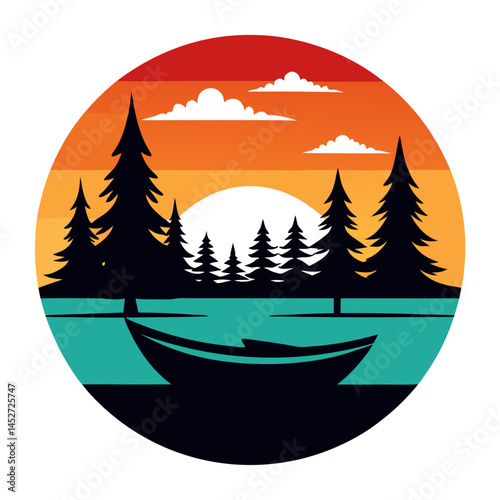 Lake in the Forest on Retro Vintage Background – Nature Landscape SVG Design

