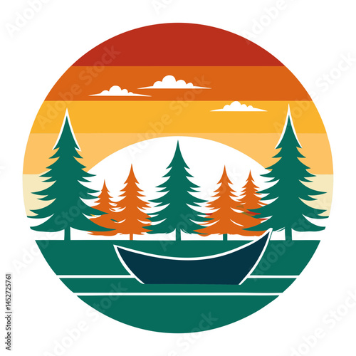 Lake in the Forest on Retro Vintage Background – Nature Landscape SVG Design

