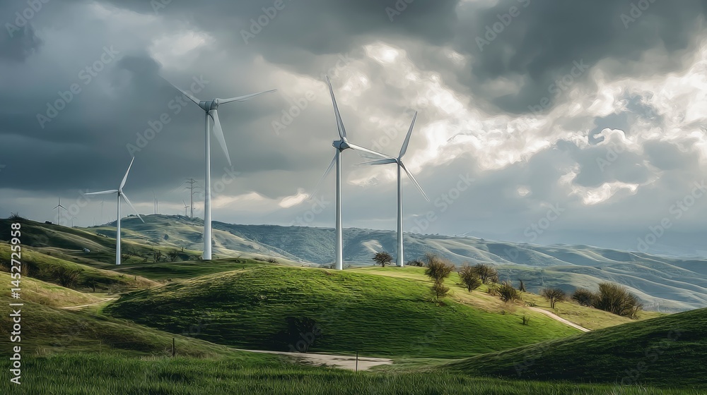 Obraz premium Wind Turbines on Green Hills Under Cloudy Sky