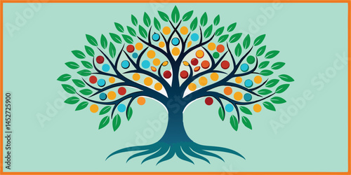 Growth's Embrace: A vibrant illustration of a flourishing tree, abundant with colorful fruits and lush foliage, set against a serene backdrop symbolizing the interconnectedness of nature.