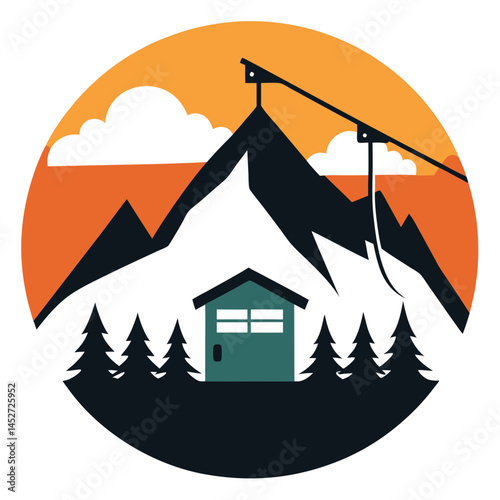 Mountain Lodge with Ski Lift Silhouette SVG – Retro Winter Resort Illustration

