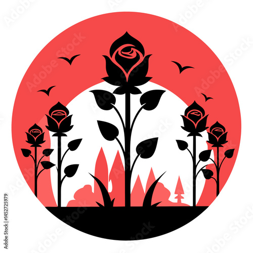 Rose Garden Silhouette on Retro Vintage Background – Elegant Vector Design

