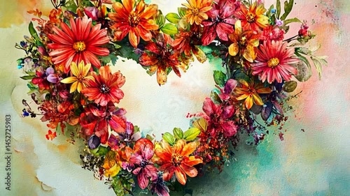 Floral Heart: A vibrant heart-shaped wreath, bursting with an array of colorful flowers, symbolizes love, beauty, and the blossoming of nature.