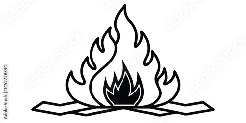 Fire Symbol: A monochrome illustration of a bonfire in minimalist style, embodying the essence of nature. This symbol, a beacon of warmth and adventure.