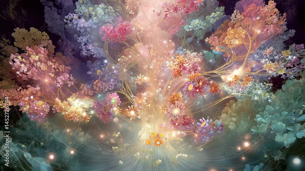 Abstract floral arrangement featuring radiant flowers and soft light, with a fantasy garden aesthetic and magical, dreamy undertones.