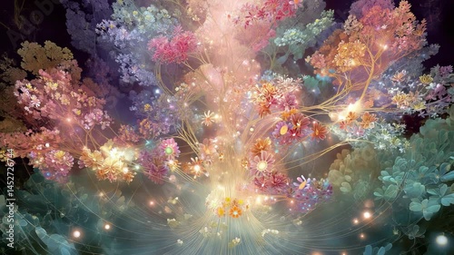 Abstract floral arrangement featuring radiant flowers and soft light, with a fantasy garden aesthetic and magical, dreamy undertones.