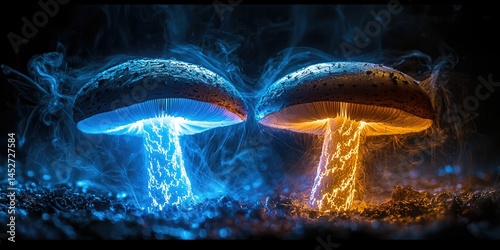 Mushrooms pulse with light on one half, while the other half stays frozen under electric force.