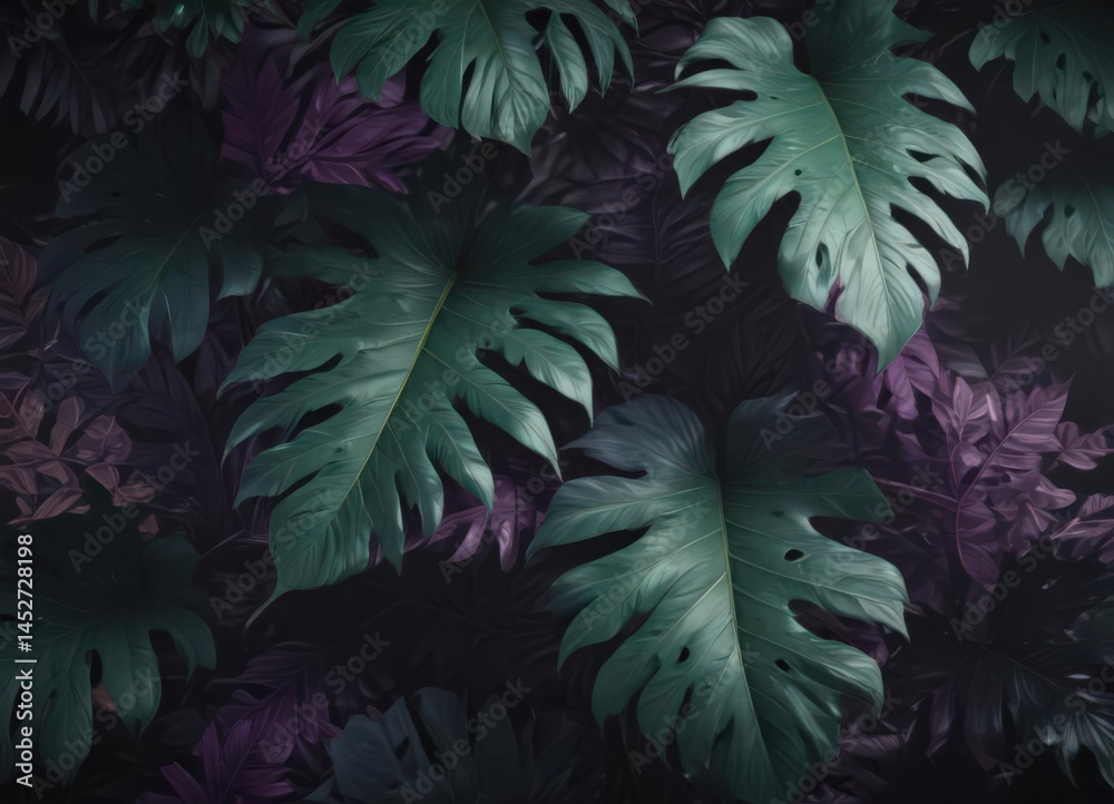 Fototapeta premium Deep green and purple exotic leaf pattern Dramatic, shadowy, mysterious design , pattern, decor, texture
