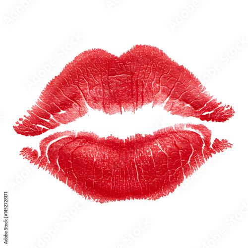 Bright red lipstick kiss print with glossy texture