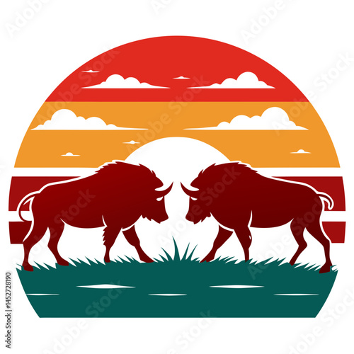 Two Buffalo Fighting in a Field Silhouette on Retro Vintage Background

