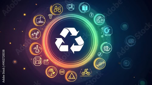 Eco-Consciousness at Its Core: A vibrant depiction of environmentalism, highlighting the principles of reuse, with circular arrow prominently showcased amid icons.