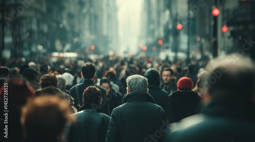 A bustling city street filled with people walking quickly, heading to work.
