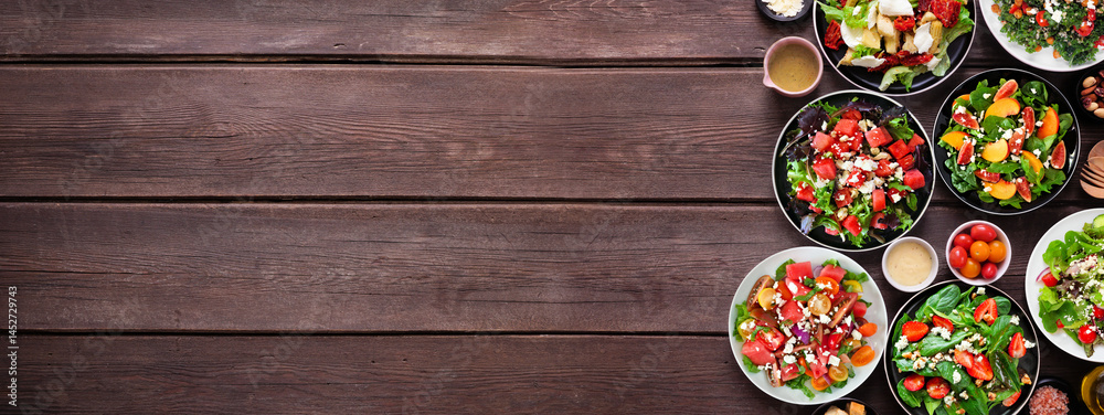 Assortment of delicious fresh salads. Top view side border on a dark wood banner background. Summer food concept.