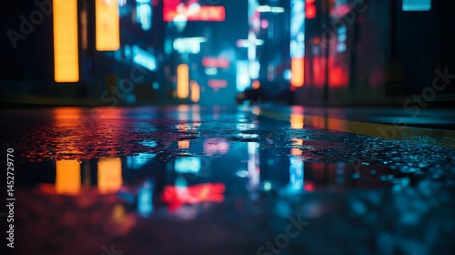 Cyberpunk street at night with neon reflections on wet asphalt and futuristic cinematic atmosphere Generative AI