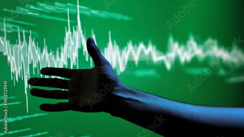 Forensic Analysis: A hand gestures and interacting with a digital display of waveform analysis, the scene is of cutting-edge technology and scientific investigation