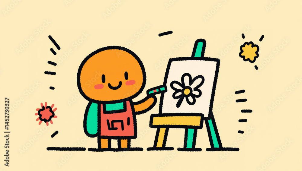 Cute character painting a flower on an easel Cute character painting a flower on an easel