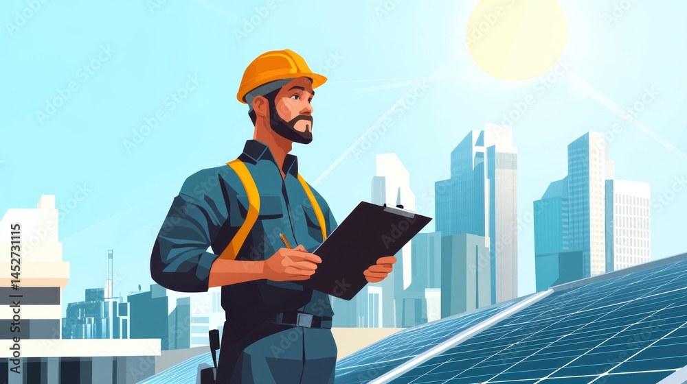 Engineer inspecting solar panels in city view. Engineer inspecting solar panels in city view.