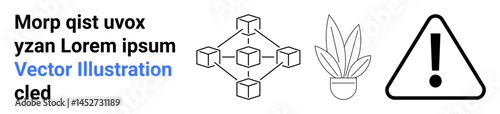 Abstract blockchain network with connected cubes, a minimalist potted plant, and a triangular warning sign. Ideal for technology, nature, security, data, innovation, education flat landing page