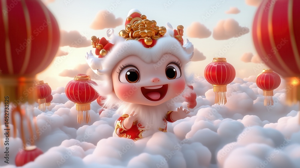 Obraz premium Cute fluffy creature in clouds with lanterns