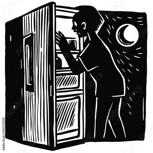 Nighttime Fridge Raid: Woodcut Illustration of a Person Snacking Under the Moon