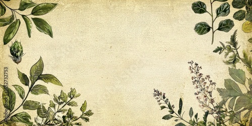 Old recipe card background with botanical accents and green border