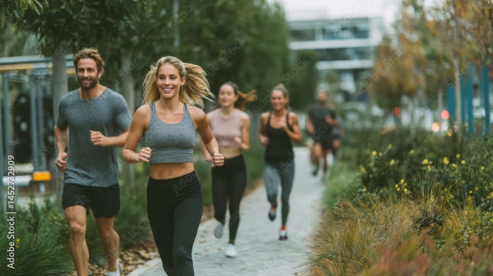 Obraz premium A group of friends running through a fitness park with green spaces and exercise equipment