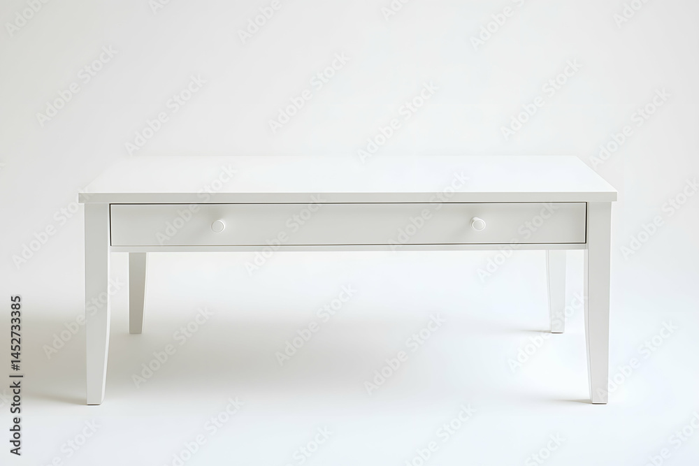 Minimalist White Coffee Table with Drawer and Hidden Casters on Bright Background Minimalist White Coffee Table with Drawer and Hidden Casters on Bright Background