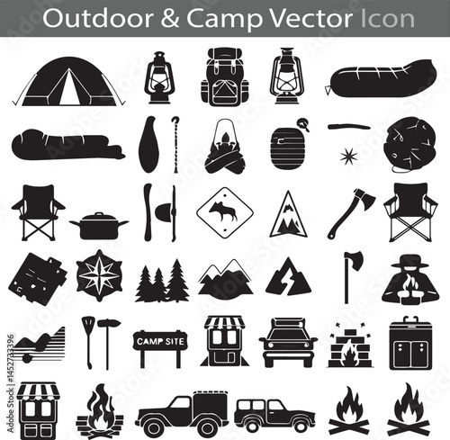 Outdoor and Camp silhouette flat icon collection set vector illustration
