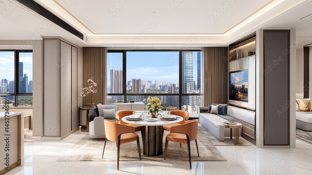 A modern living room with cityscape view through windows A modern living room with cityscape view through windows