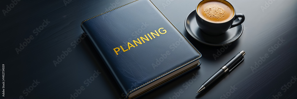 notebook with the inscription planning, cup of coffee, pen