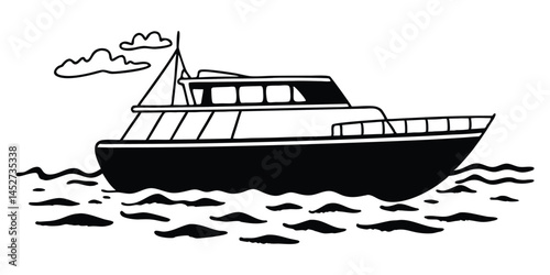 The ship sailing the sea: A monochrome artistic portrayal of a boat sailing through the ocean, evoking a sense of adventure and freedom, under a playful sky of clouds.