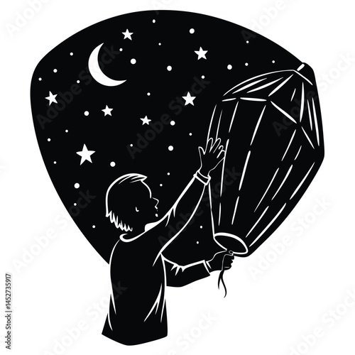 Boy Releasing Sky Lantern at Night Black and White Illustration Starry Moon