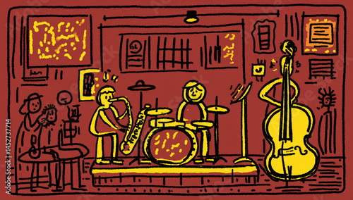 Doodle illustration of a jazz band playing music