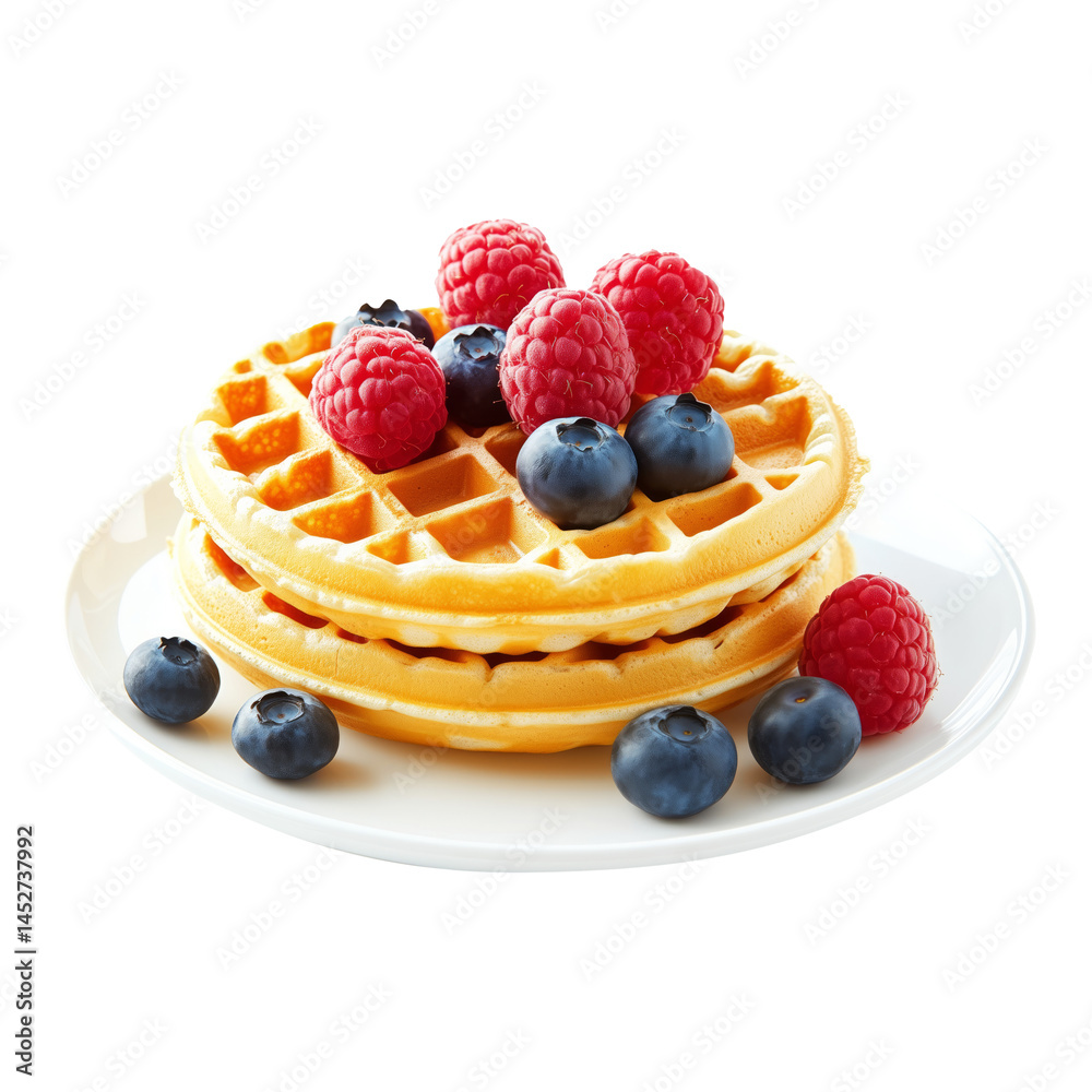 Stack of golden waffles topped with fresh raspberries and blueberries, isolated on white transparent background, concept of breakfast Stack of golden waffles topped with fresh raspberries and blueberries, isolated on white transparent background, concept of breakfast