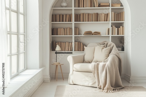 White Alcove Reading Nook with Arched Shelves, Linen Upholstery, and Cozy Decor in a Quiet and Bright Setting