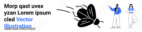 Large flying bug in motion with energy lines, two figures discussing and analyzing data. Ideal for teamwork, brainstorming, innovation, problem-solving, creative strategy, futuristic concepts, simple