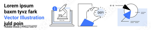 Microscope setup on a 3D printer screen, hand holding a coin labeled DEFI, abstract pie chart diagram. Ideal for innovation, finance, analytics, education, research, technology simple landing page