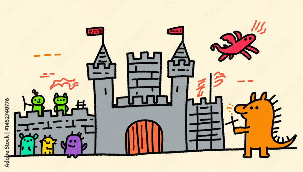 Fototapeta premium Cute doodle fantasy castle with monsters and dragon