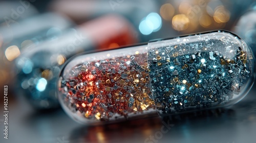 Close-up of a capsule filled with shimmering metallic flakes, in shades of red and blue.  Blurred capsules and bokeh lights in the background