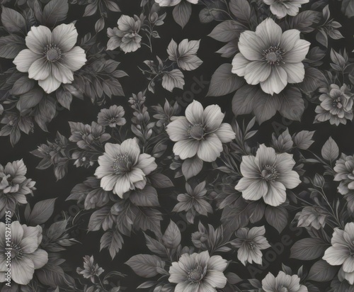 Subtle charcoal floral wallpaper  Delicate blooms & leaves create a vintage seamless pattern , textile, fabric, home decor