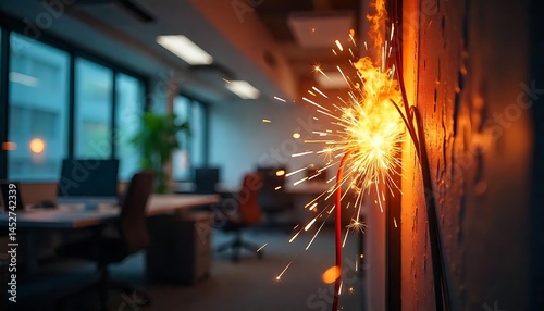 Office safety hazard concept highlighting electrical fire spark and cable overload risks, created with generative ai