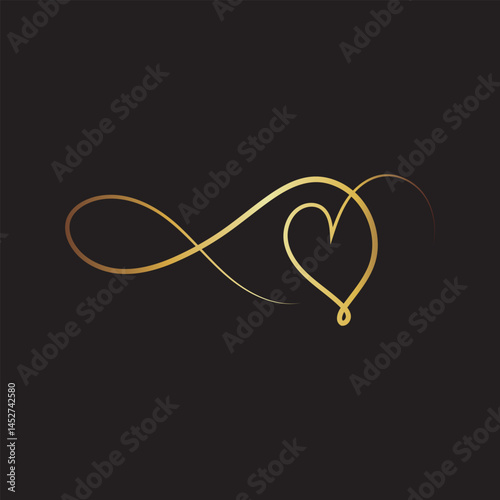 Golden heart drawn in one continuous line on a black background. Flat design vector. Elegant vector illustration perfect for romantic, wedding, or Valentine’s Day themed designs.
